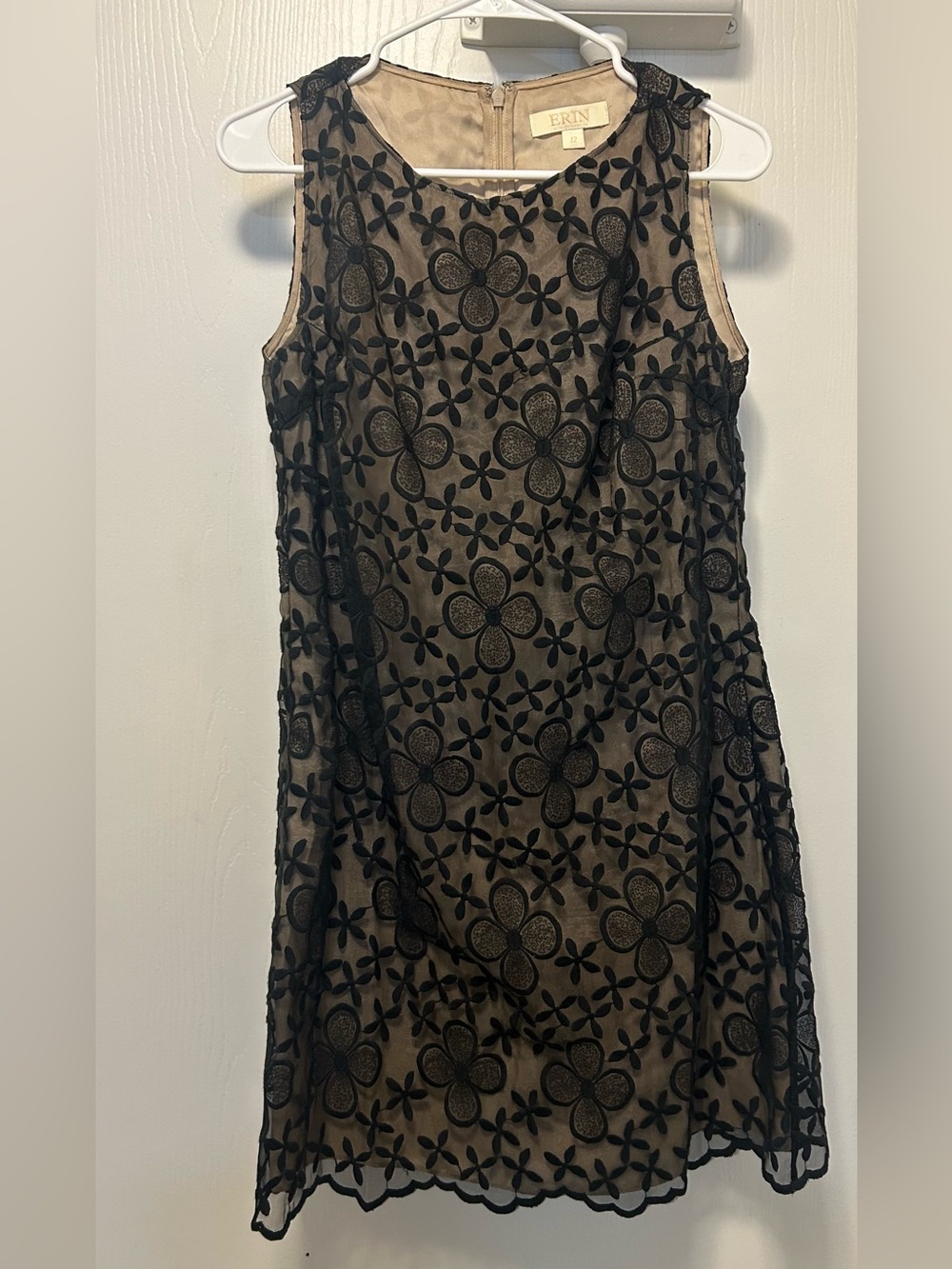 ERIN Black Floral Lace Overlay A-Line Prom Dress with Nude Lining